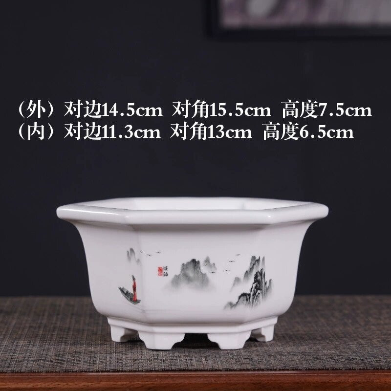 Ceramic Bonsai Pot - Indoor Ink Landscape Painting Flower Planter Decor Tool