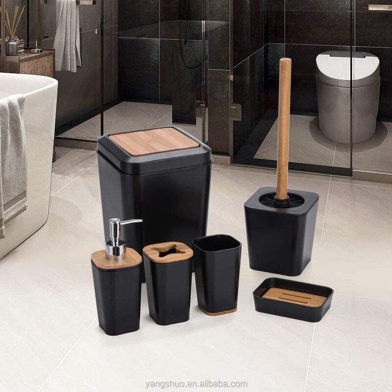 Bathroom Accessory Set - 6-Piece Plastic Wooden Hotel Home Storage Tool