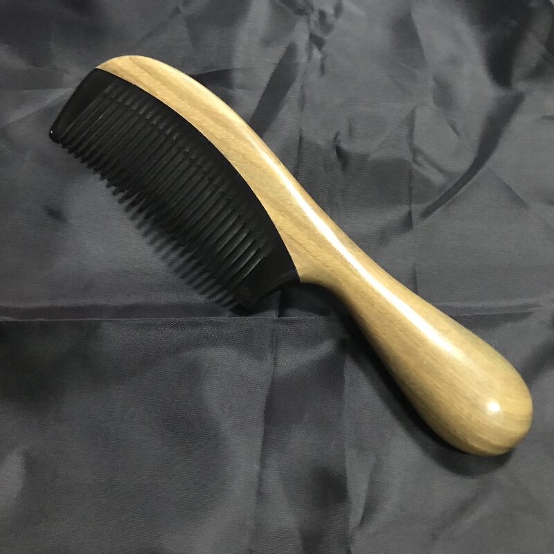 Buffalo Horn Comb - Handmade No Static Green Sandalwood Handle Rounded Tool