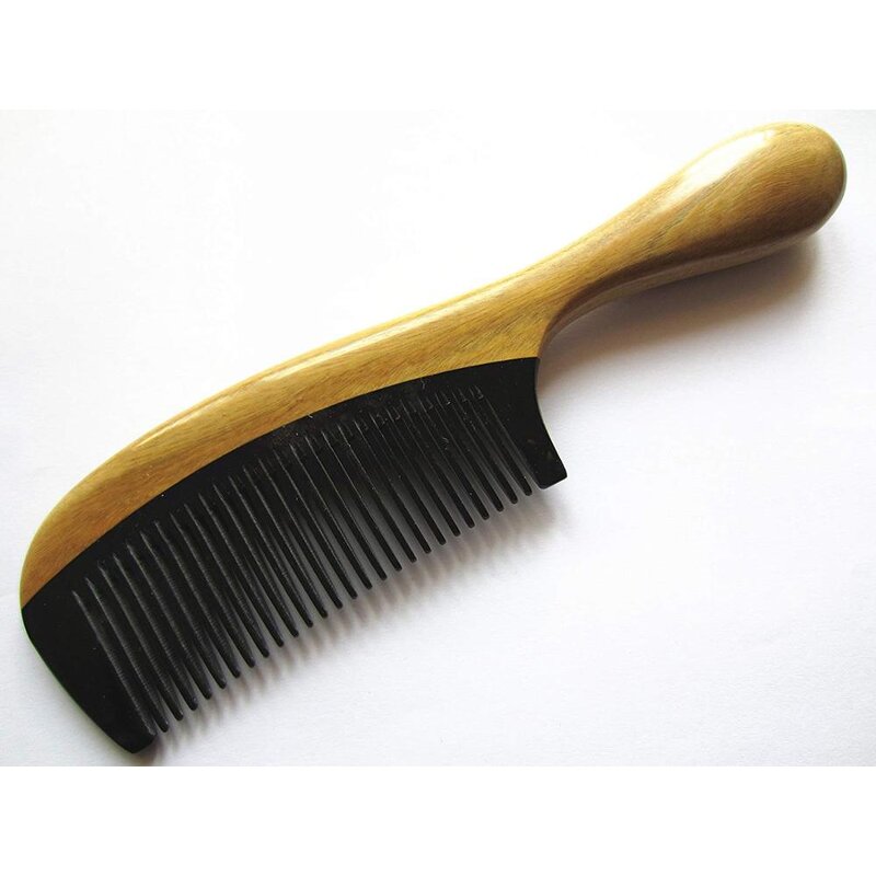 Buffalo Horn Comb - Handmade No Static Green Sandalwood Handle Rounded Tool