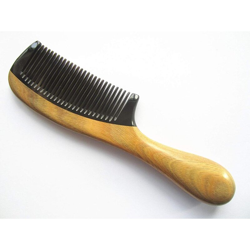 Buffalo Horn Comb - Handmade No Static Green Sandalwood Handle Rounded Tool