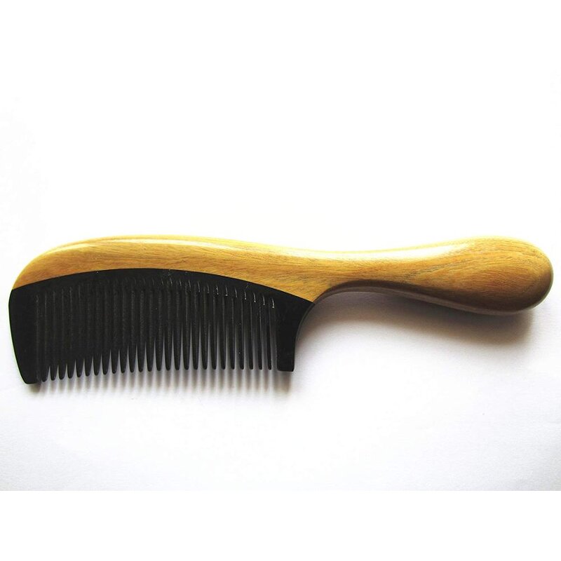 Buffalo Horn Comb - Handmade No Static Green Sandalwood Handle Rounded Tool