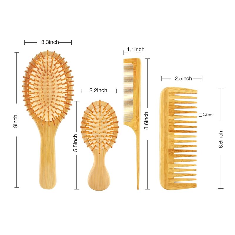 Bamboo Hair Comb Set - Paddle Wide-tooth Tail Detangling Men Women Kids Tool