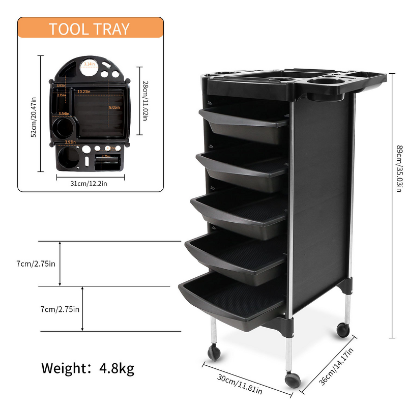 5-Layer Salon Cart - Plastic Drawer Storage Dyeing Beauty Tool Trolley