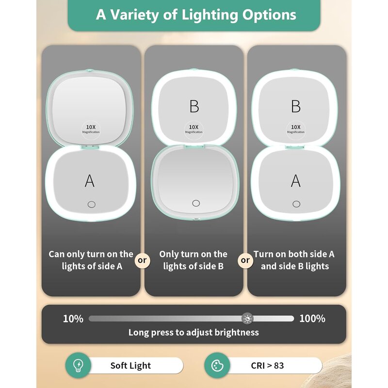Travel Makeup Mirror - Rechargeable 1X/10X Magnification 3 Color Light Tool