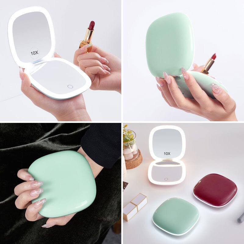 Travel Makeup Mirror - Rechargeable 1X/10X Magnification 3 Color Light Tool