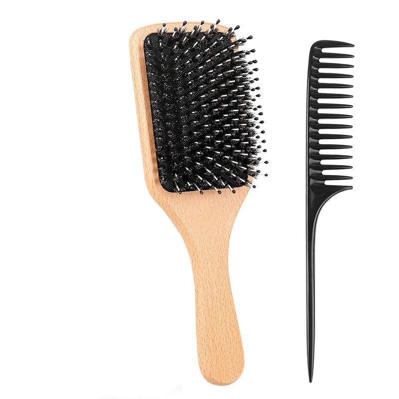 Bamboo Hair Brush - Boar Bristle Paddle Laser Scalp Massage Home Use Tool