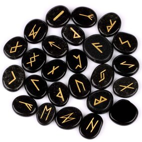Rune Stones Manufacturer - 25pcs Per Bag Polished Engraved Black Obsidian Natural Gemstone