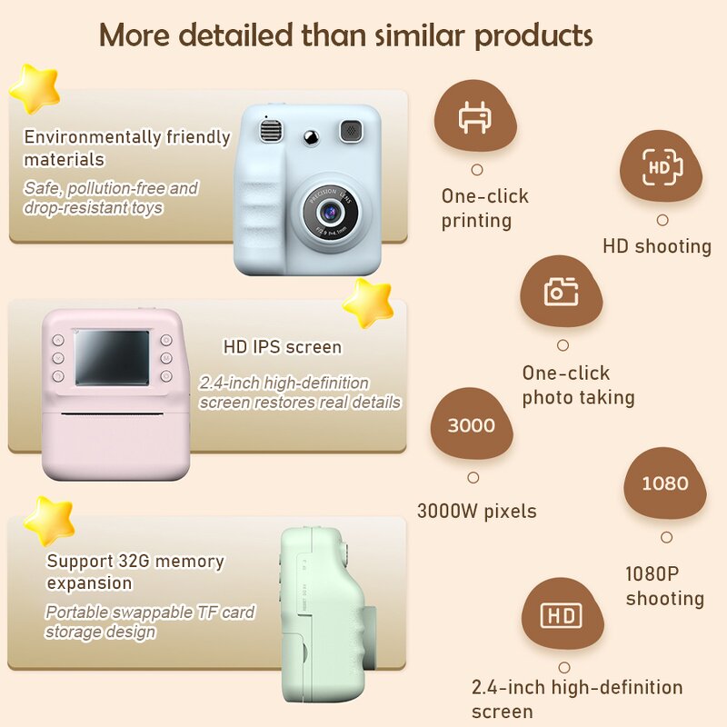 HD Kids Camera - 1080P Instant Print 32GB SD Card 3-12 Years Xmas Gift Tool
