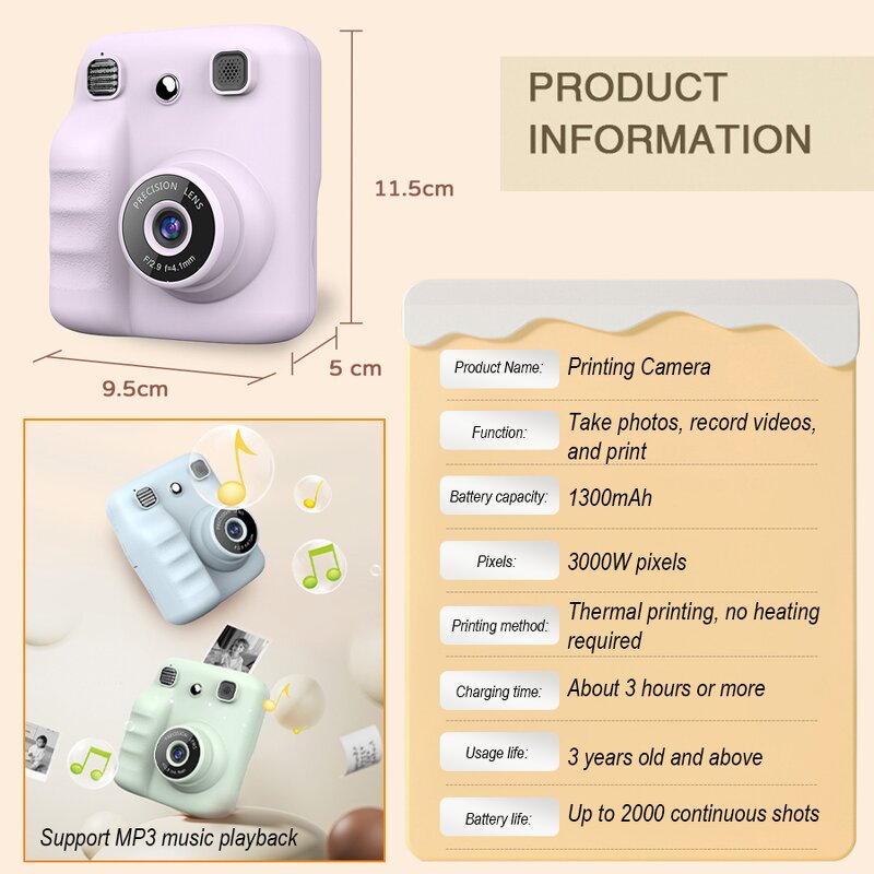 Kids Thermal Camera - Fashionable HD Digital Instant Print 3-12 Years Creativity
