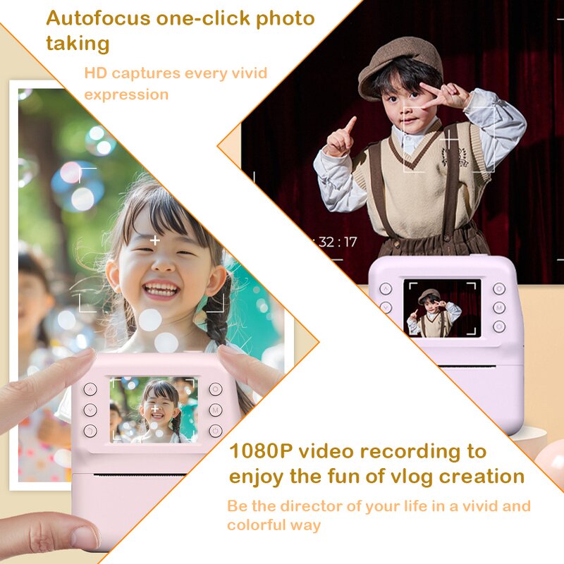 Kids Instant Camera - Portable Mini Photo Printer Game Play Recording Novelty Gift