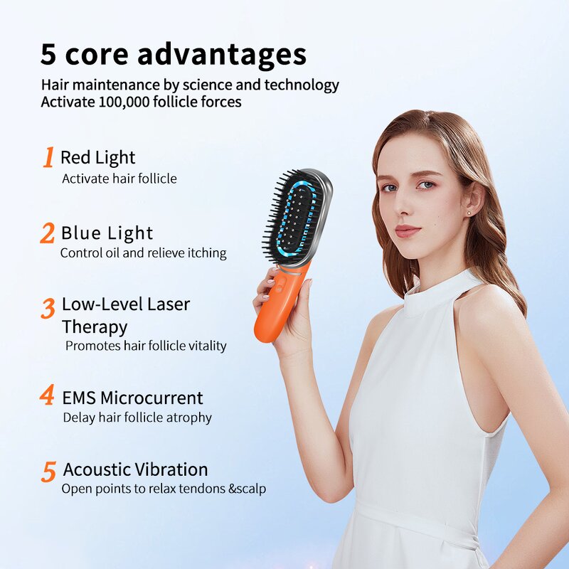Electric Hair Brush - 2025 EMS Vibration Laser Red Blue Light Negative Ion