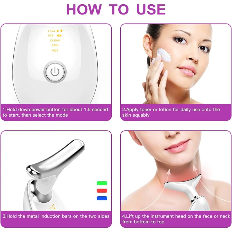 EMS Face Neck Lifting Device - 3 Color LED Photon Therapy Massage Tool