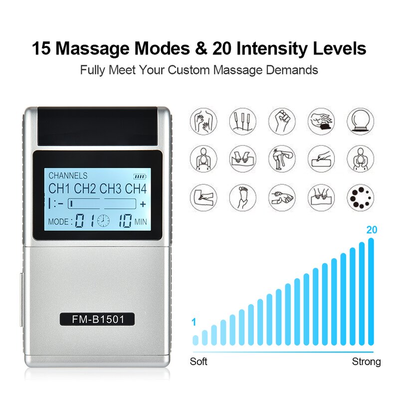 Muscle Stimulator Manufacturer - 4 Channels TENS Physiotherapy Pulse 15 Modes 20 Intensity Levels EMS for Pain