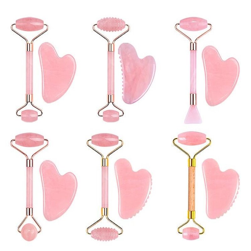 Facial Massager Set Manufacturer - SPA Collection Natural Rose Quartz Jade Roller and Gua Sha Anti Aging