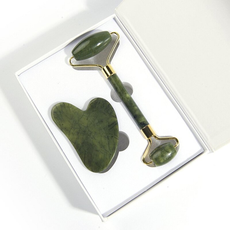 Gua Sha Set Manufacturer - Cheapest Dark Green Natural Jade Xiuyan Stone Heart Shaped Roller & Scraping Board