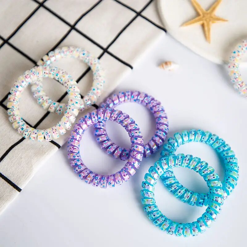 Hair Band Manufacturer - Candy Color Frosted Spiral Cord Telephone Wire Star Pattern Elastic Rubber Tie