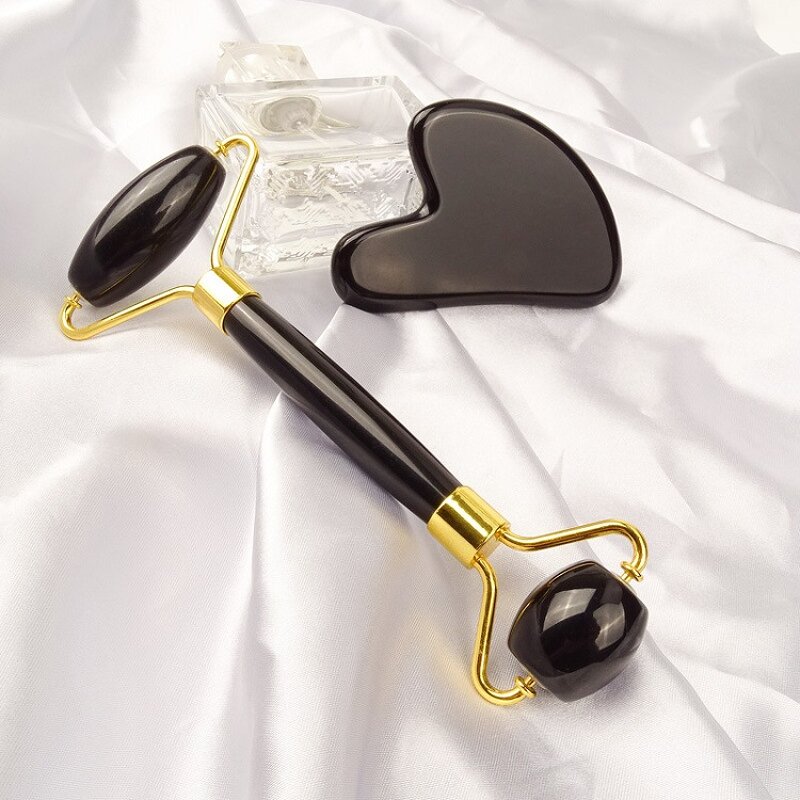 Face Massager Kit Manufacturer - Custom Logo SPA Collection Natural Black Obsidian Jade Roller & Gua Sha Set