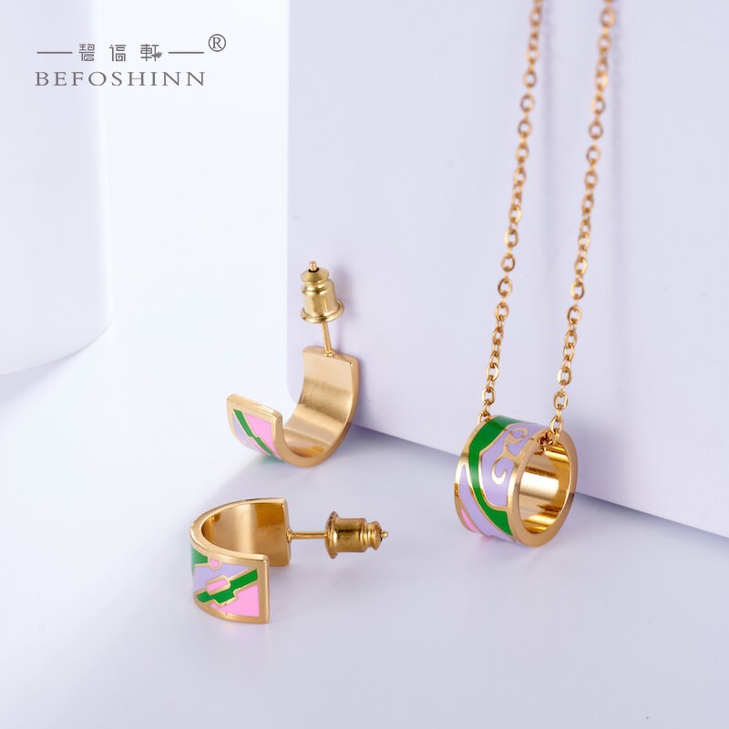 Enamel Pendant Necklace Set - Custom Stainless Steel Ladies Jewelry