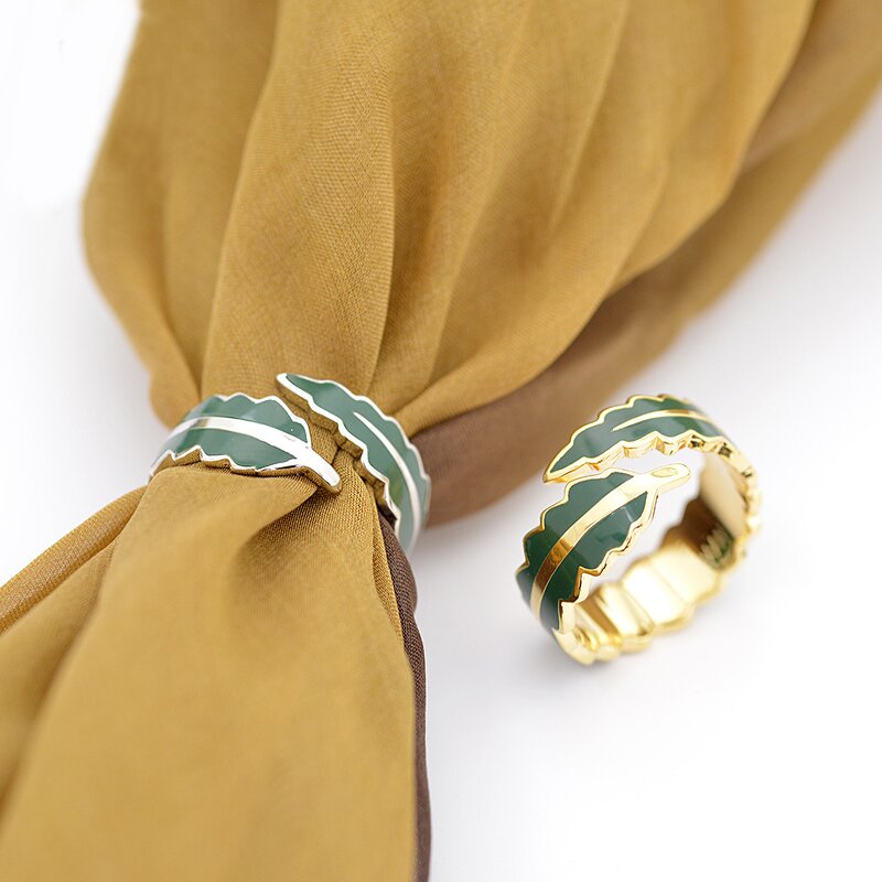 Green Leaf Scarf Ring - Custom 18K Gold Plated Enamel Gift Jewelry