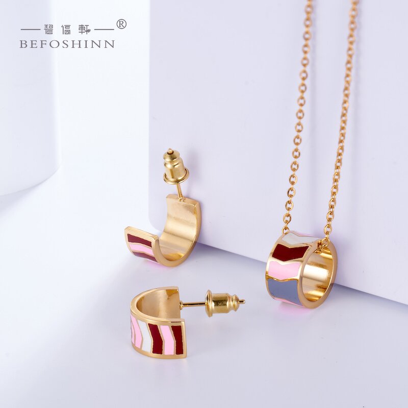 Enamel Pendant Necklace Set - Custom Stainless Steel Ladies Jewelry