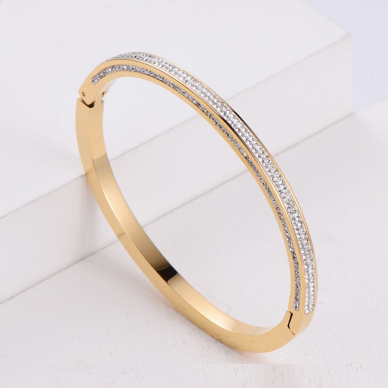 Zircon Cuff Bangle - Trendy 18K Gold PVD Plated Stainless Steel Jewelry