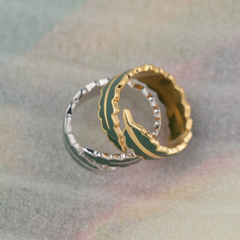 Green Leaf Scarf Ring - Custom 18K Gold Plated Enamel Gift Jewelry