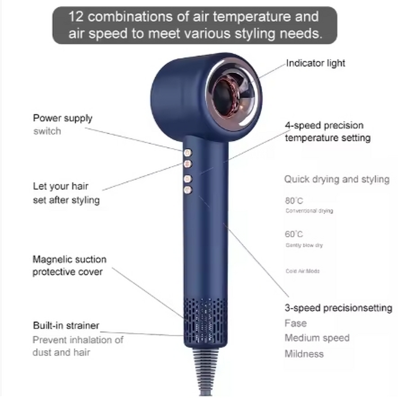 Hair Dryer Manufacturer - Professional Toplifee TS8 1600W High-Speed 3-Speed with Diffuser Nozzle 110,000 RPM IPX5