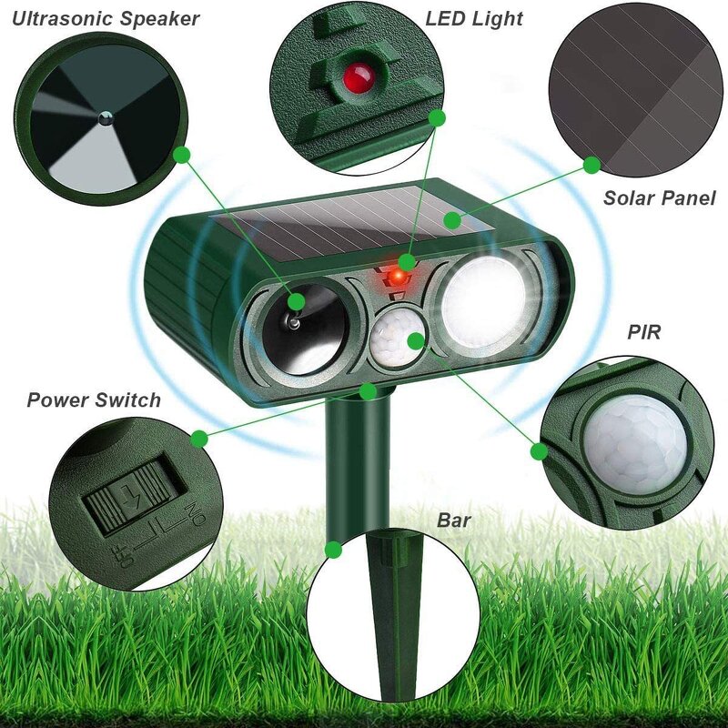 Animal Repeller Manufacturer - 61KHZ Ultrasonic Solar for Dogs Cats Birds Motion Sensor LED Flashing Lights