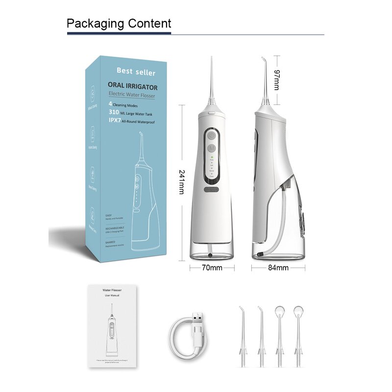 Detachable Water Flosser - USB IPX7 Waterproof Replaceable Nozzles Tool