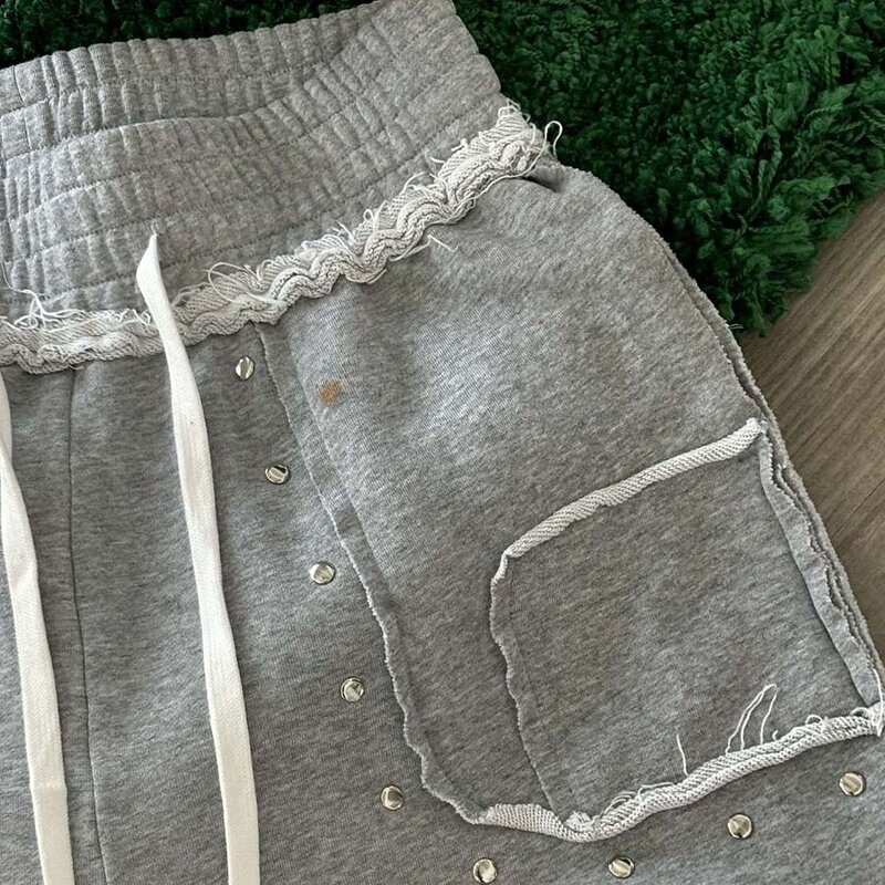 Unisex Baggy Sweatpants - Low Rise Rhinestone Distressed Open Bottom Pants