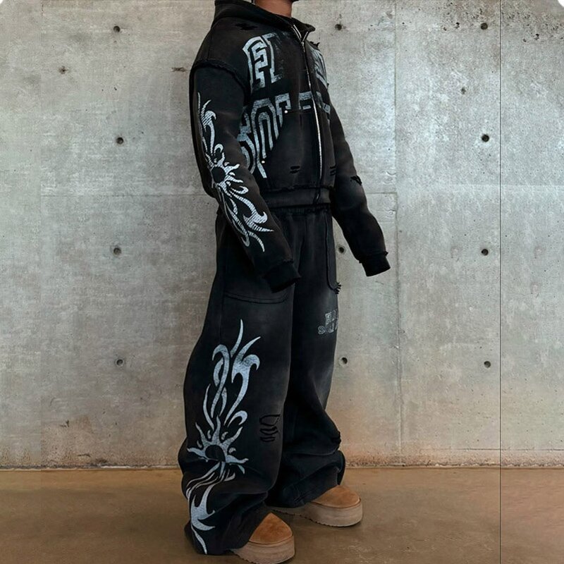 Men's Tracksuit Set - 2025 Custom Print Acid Wash Flared Sweatpants Hoodie