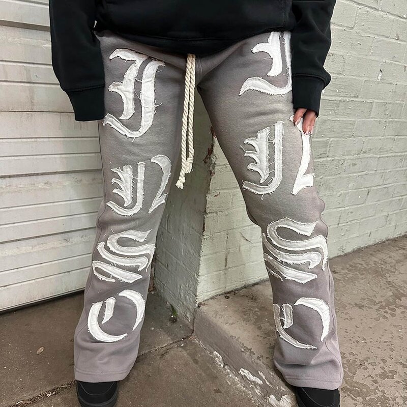 Men's Flared Sweatpants - Y2K Custom Embroidered Wine Red Hip Hop Pants