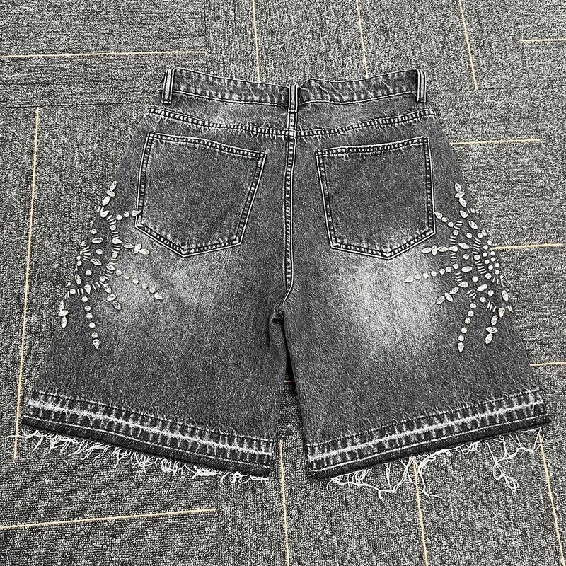 Men's Denim Jorts - Unisex 5 Pockets Rhinestone Y2K Streetwear Shorts