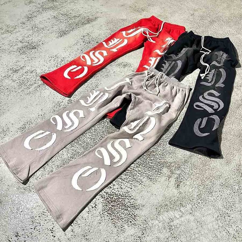 Men's Flared Sweatpants - Y2K Custom Embroidered Wine Red Hip Hop Pants