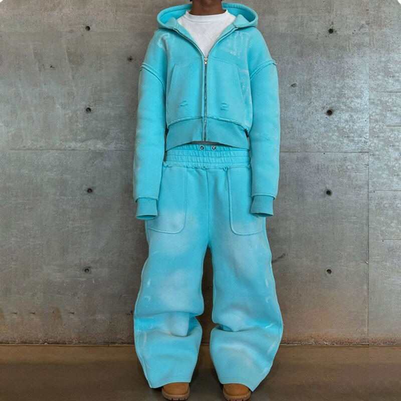 Men's Tracksuit Set - 2025 Custom Print Acid Wash Flared Sweatpants Hoodie