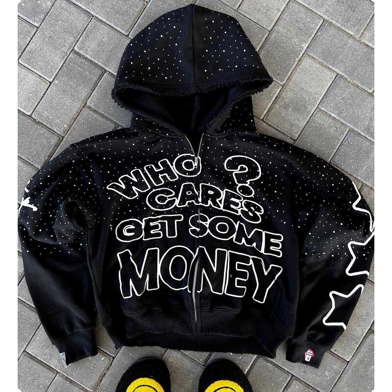 Men's Zip Up Hoodies - Custom Puff Print Acid Wash Rhinestone Sweatshirts