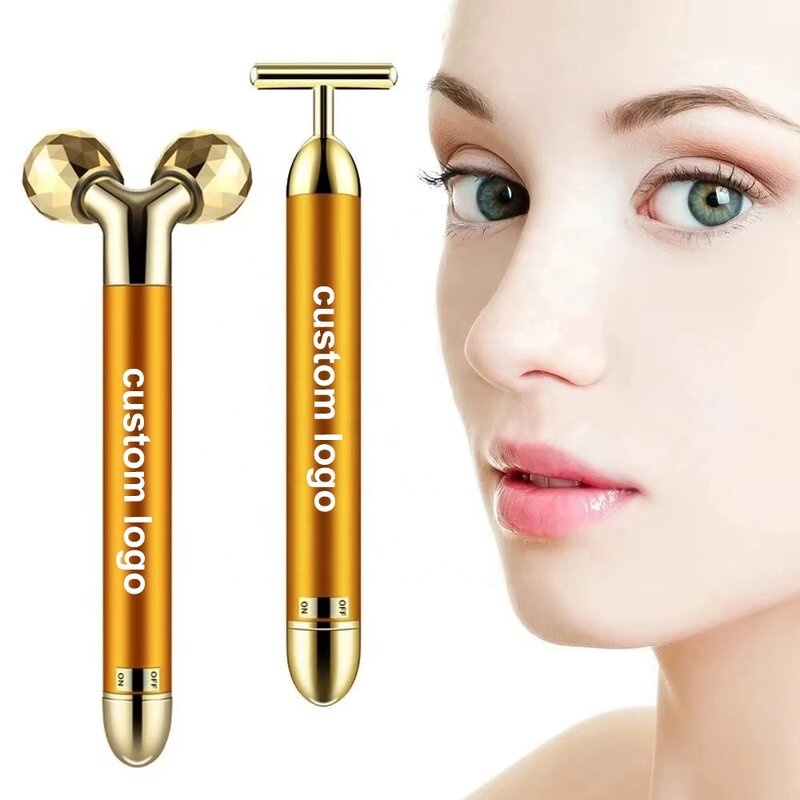 2 in 1 Face Roller - Gold Pink T Shape Vibrating 3D Beauty Bar Massager