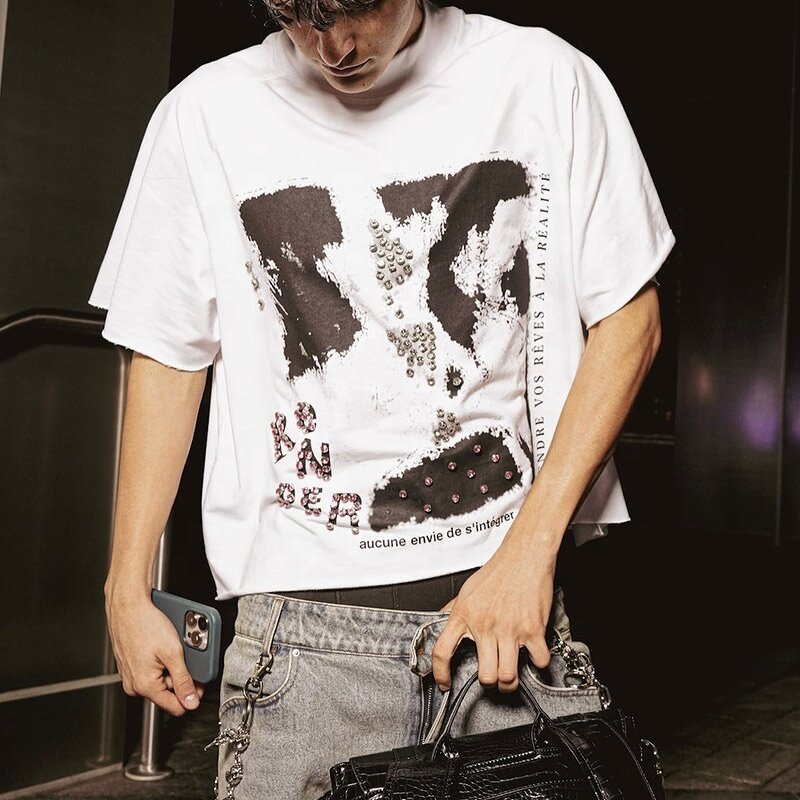 Men's Cropped T-Shirt - Custom Silk Screen Print Y2K White Cotton Tee