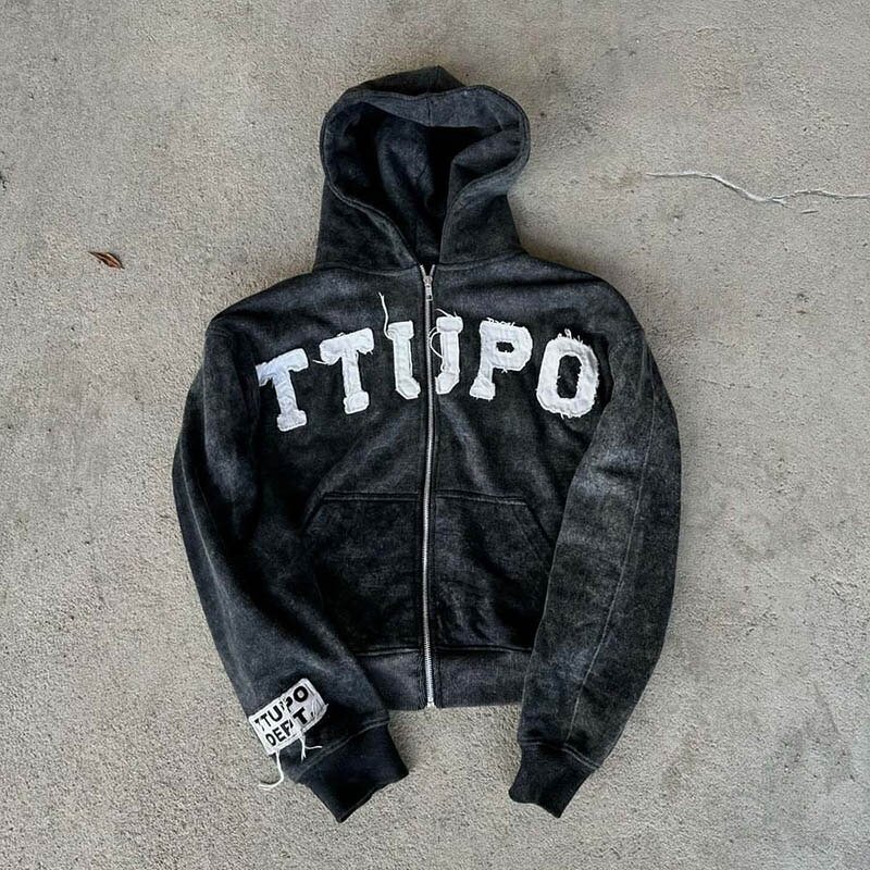 Unisex Zip Up Hoodie - Vintage Embroidered Patch Work Acid Wash Top