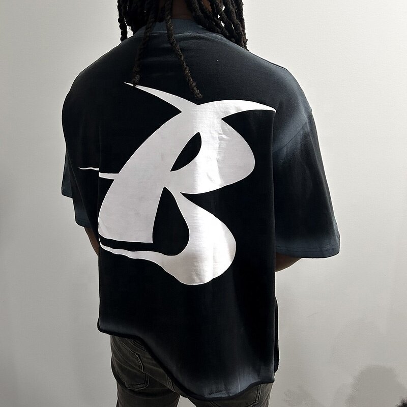 Men's Cropped T-Shirt - Vintage Black Acid Wash Graphic Print Cotton Tee