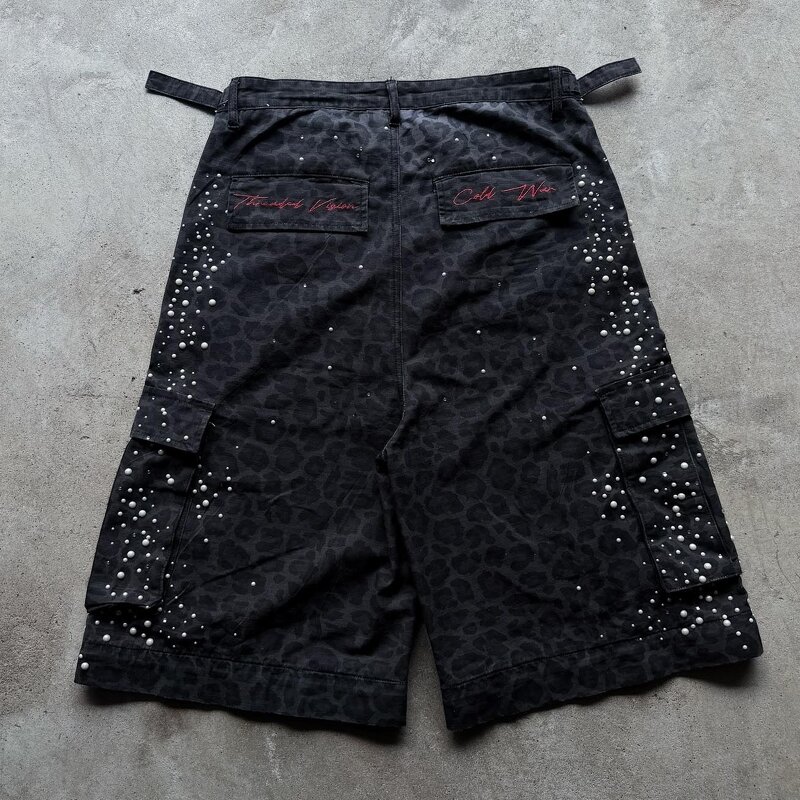 Men's Cargo Jorts - Unisex Low-Rise Rhinestone Camo Streetwear Shorts