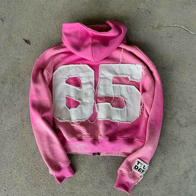 Unisex Zip Up Hoodie - Vintage Embroidered Patch Work Acid Wash Top