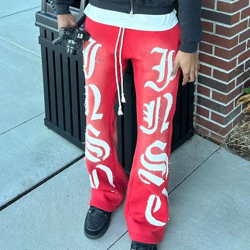 Men's Flared Sweatpants - Y2K Custom Embroidered Wine Red Hip Hop Pants