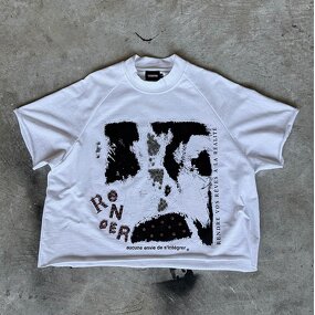 Men's Cropped T-Shirt - Custom Silk Screen Print Y2K White Cotton Tee