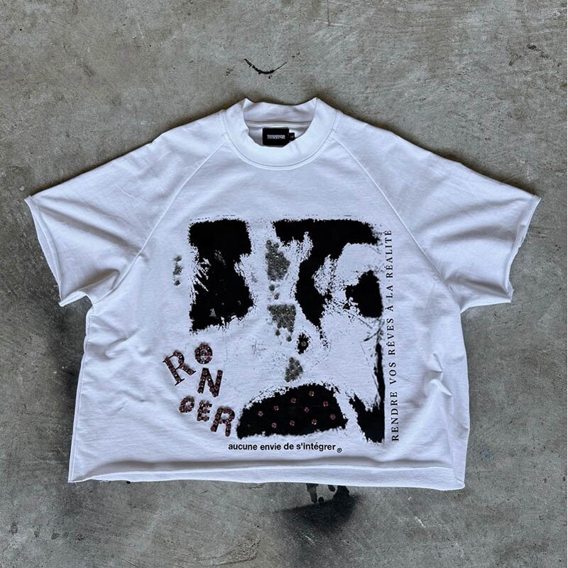 Men's Cropped T-Shirt - Custom Silk Screen Print Y2K White Cotton Tee