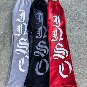 Men's Flared Sweatpants - Y2K Custom Embroidered Wine Red Hip Hop Pants