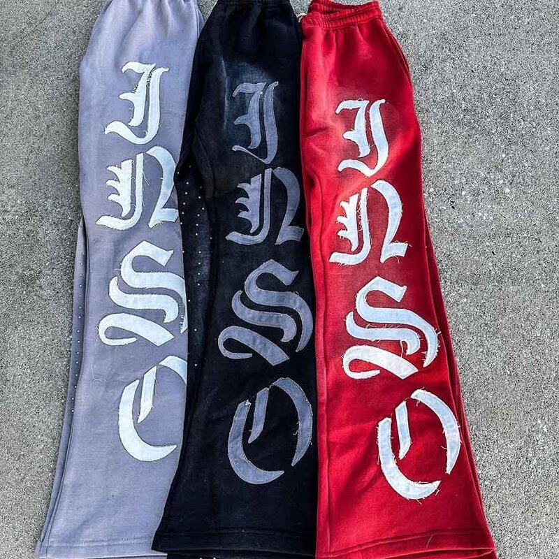 Men's Flared Sweatpants - Y2K Custom Embroidered Wine Red Hip Hop Pants