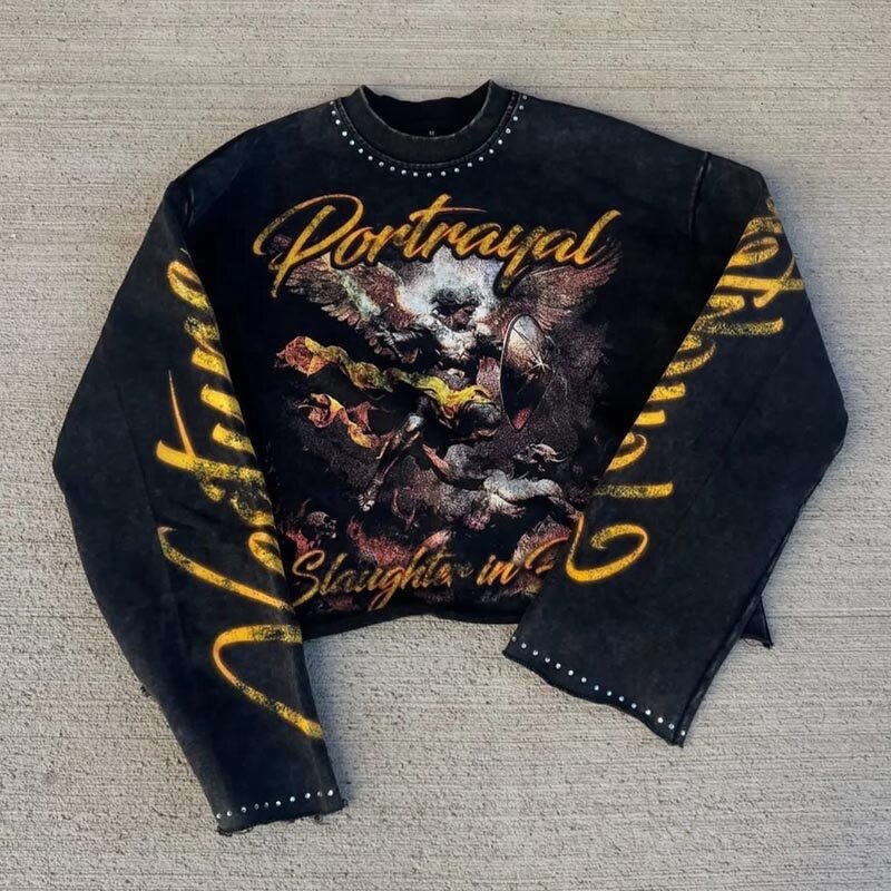 Men's Long Sleeve T-Shirt - Acid Wash Rhinestone Silk Screen Printed Tee