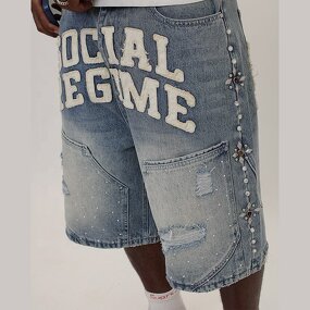 Men's Denim Shorts - Custom Letter Patchwork Rhinestone Cargo Jorts